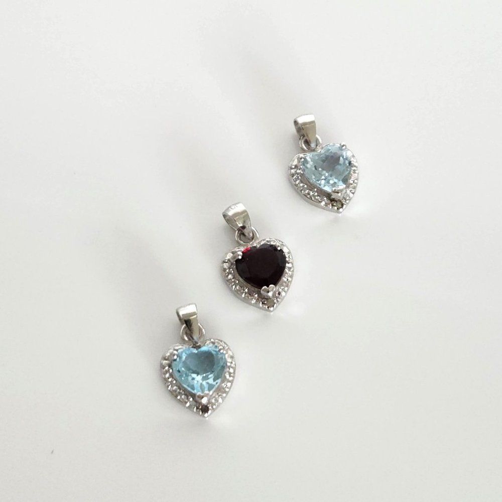 3 Gemstone Heart Pendants - 2 Blue Topaz And Garnet